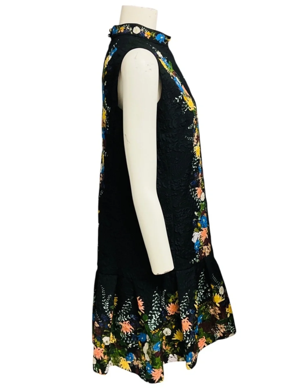 ERDEM BLACK MULTI NENA PLEATED FLORAL PRINT CLOQUE DRESS - Picture 2 of 5